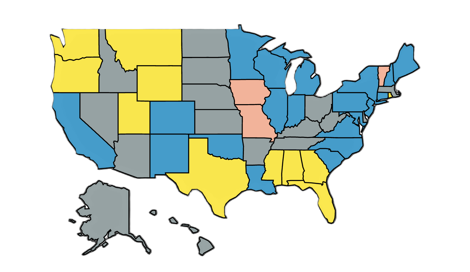 Map of the US showing the Medicaid coverage status of all the states